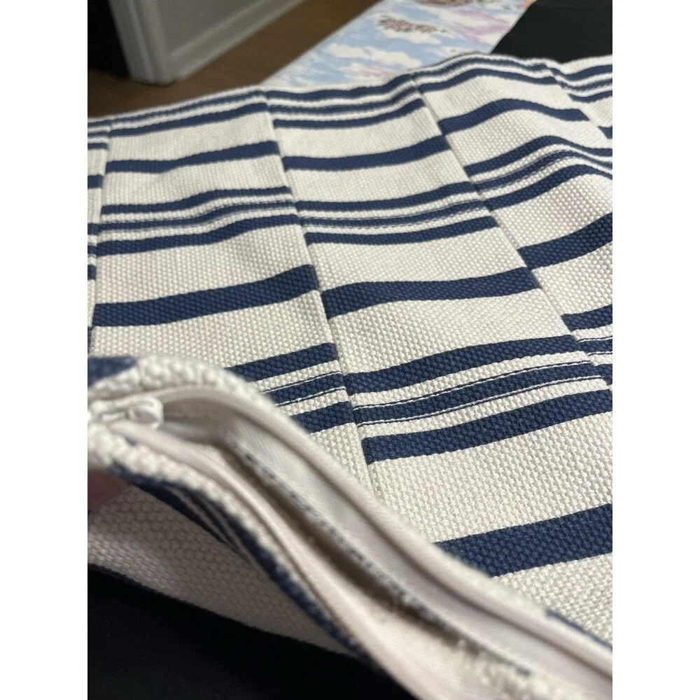 Pottery Barn Linen Cotton Blue White Off Striped Lumbar Pillow Cover 16x26”